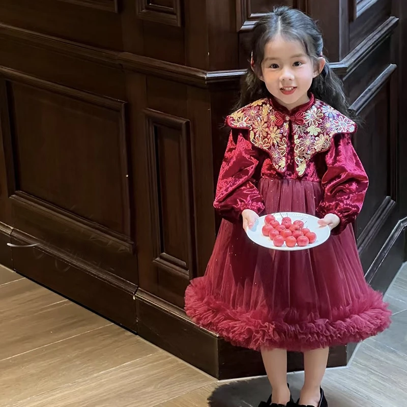 2024冬”红霓裳"中国风女童加绒领子固定网纱连衣裙250222