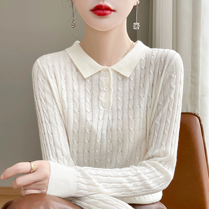 秋冬新款POLO领长袖针织衫女复古麻花打底翻领毛衣气质休闲上衣潮