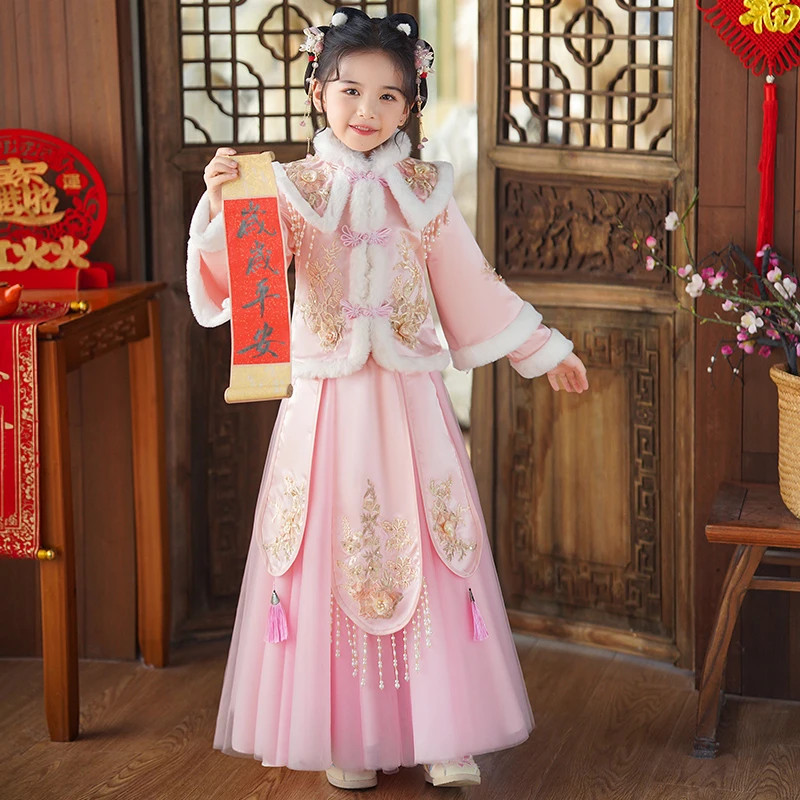 汉服女童秋冬夹棉中国风套装儿童古风加厚女孩过年新款拜年服冬款