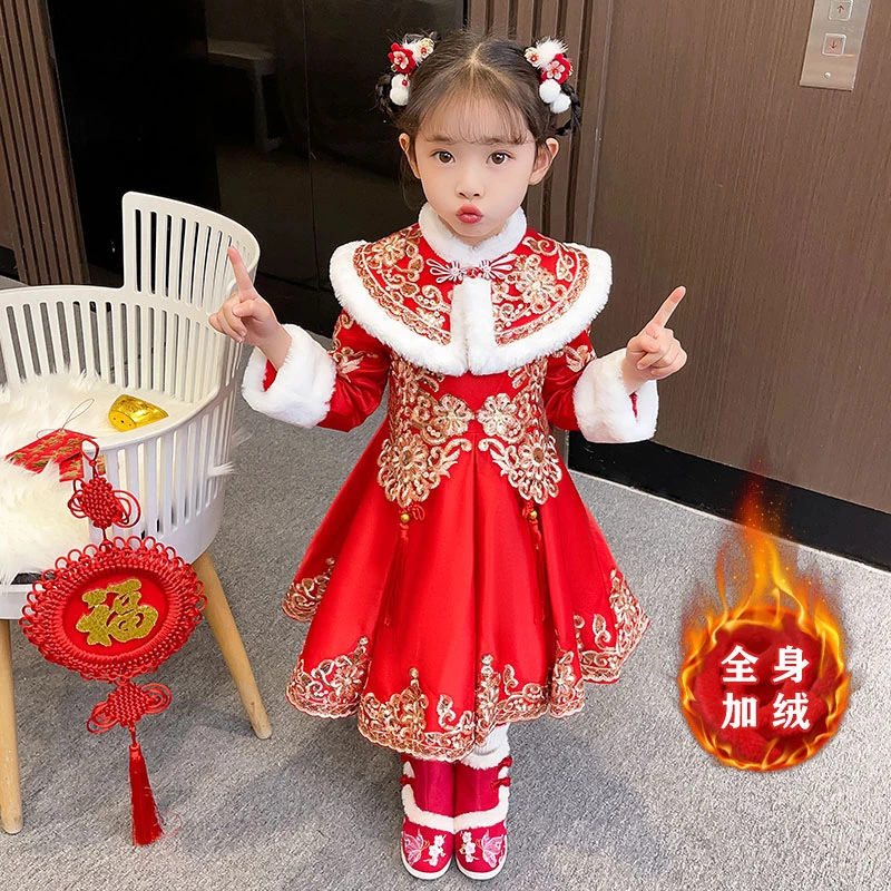 过年宝宝拜年服汉服女童新年装洋气冬装中国风冬季加绒唐装小女孩