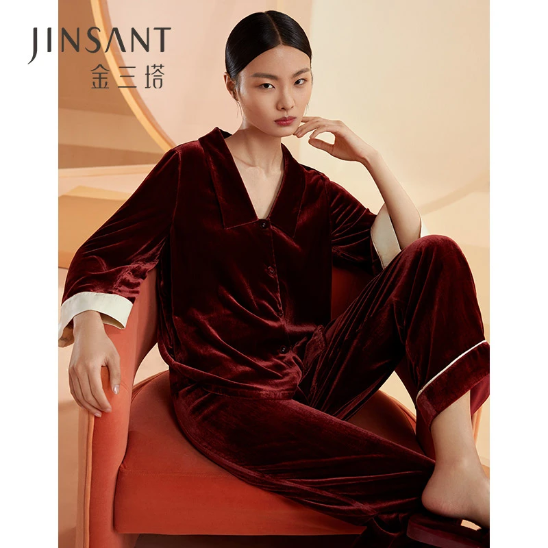 【金三塔官方】桑蚕丝丝绒长袖新款睡衣秋冬季套装高档长款舒适百搭