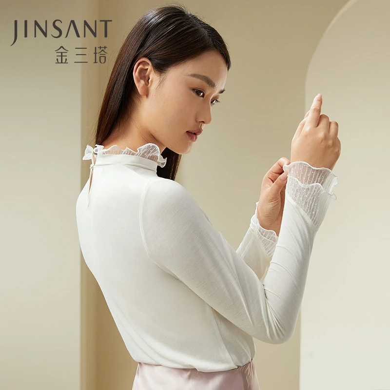【金三塔官方】100%桑蚕丝半高领网纱拼接女士透气修身长袖打底衫