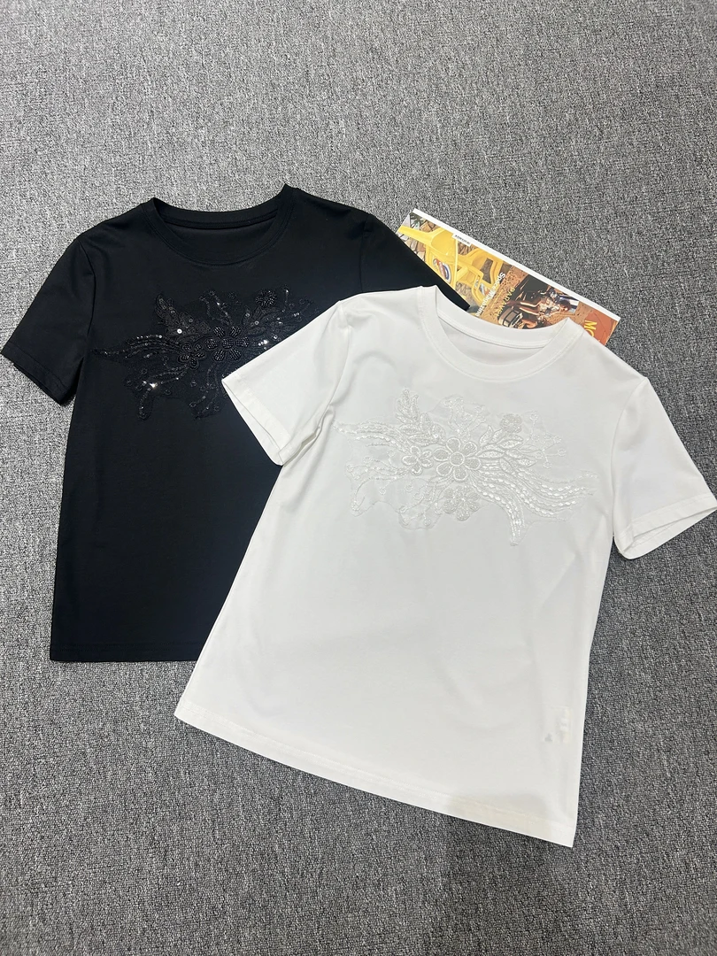 KIKI严选：【P24381】-PV家欧洲站南油原创小众重工亮片刺绣短袖上衣