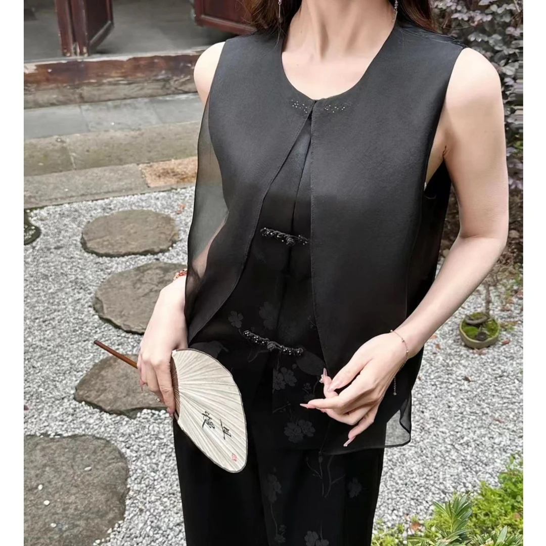 KIKI严选：24S041-JENNY家欧洲站新中式国风盘口欧根纱拼接马甲