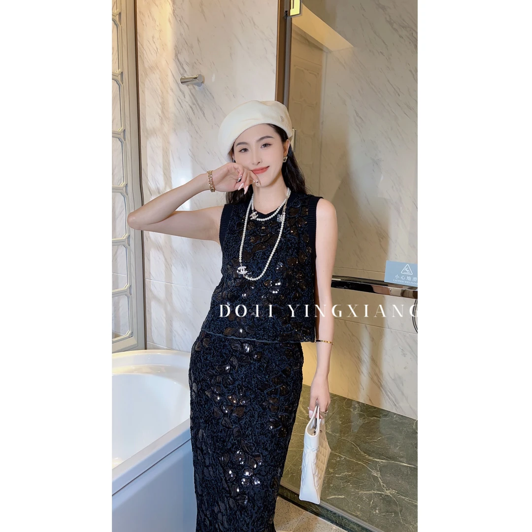 KIKI严选：1332-1331-大印象家欧洲站南油原创亮片丝绒两件套装