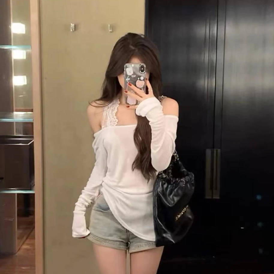 迈沃格两件套长袖T恤显瘦气质性感露肩设计感蕾丝时尚小众白色