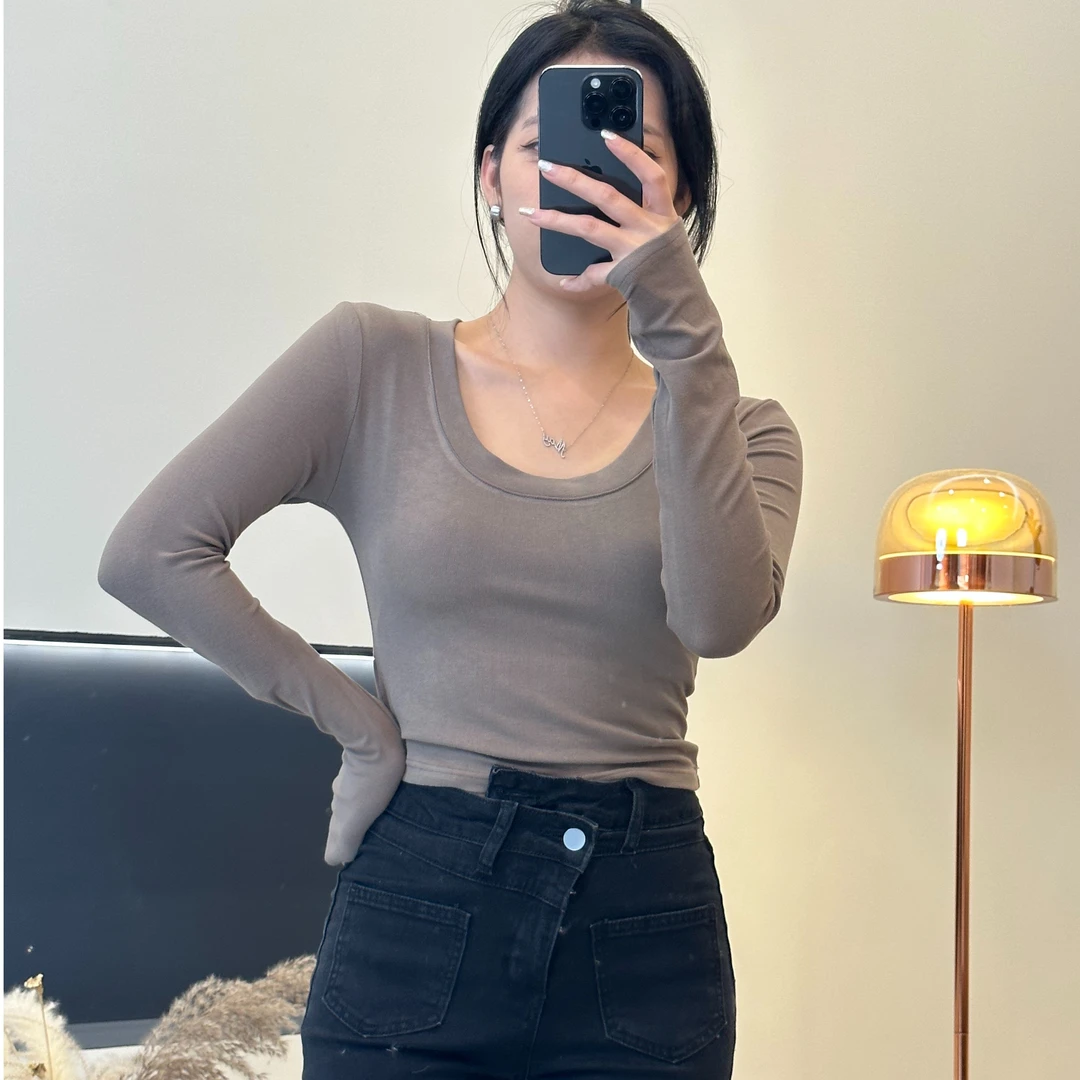 迈沃格韩范U领打底衫修身弹力T恤百搭长袖上衣ins设计感性感紧身