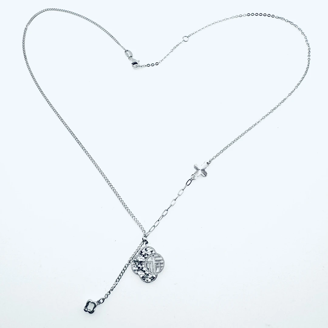 铂金Pt950碎碎冰四叶草福字套链   弹簧扣