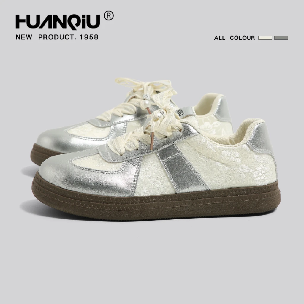 环球银色国风德训鞋女2025年夏季新款厚底民族风百搭休闲运动板鞋