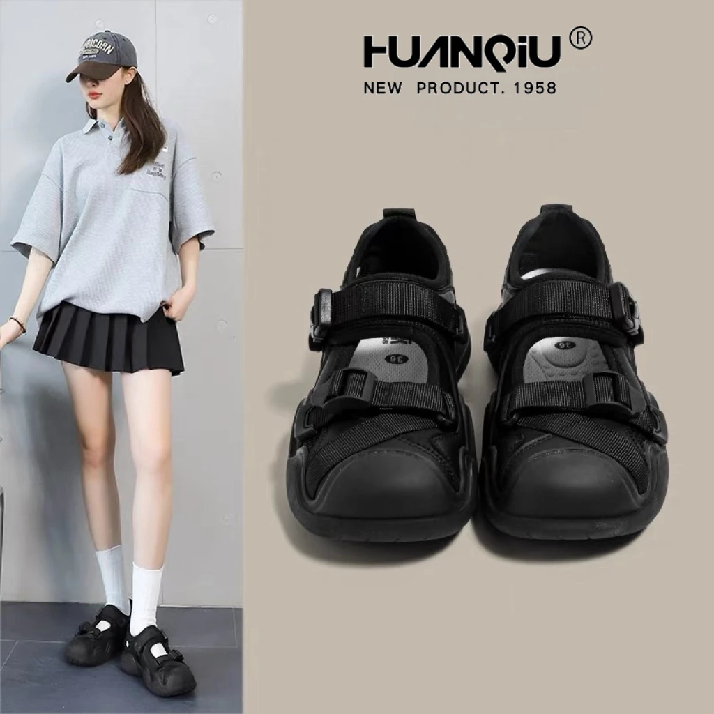 环球丑萌镂空黑色老爹鞋女2025春夏季新款厚底户外溯溪单罗马凉鞋