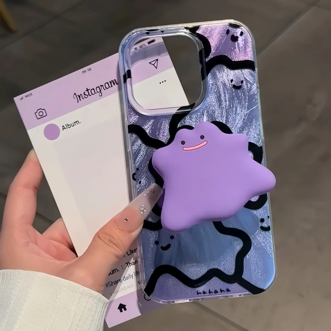 镭射羽纱紫色小怪兽手机壳适用苹果15支架华为mate小米oppovivo