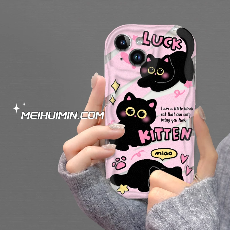 【奶油框硅胶壳】黑色小猫安卓mate60手机壳iphone15pro插画