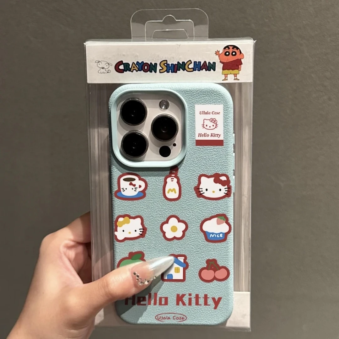 薄荷绿可爱KT猫荔枝纹硅胶壳适用iPhone15苹果14手机壳13/12/11套