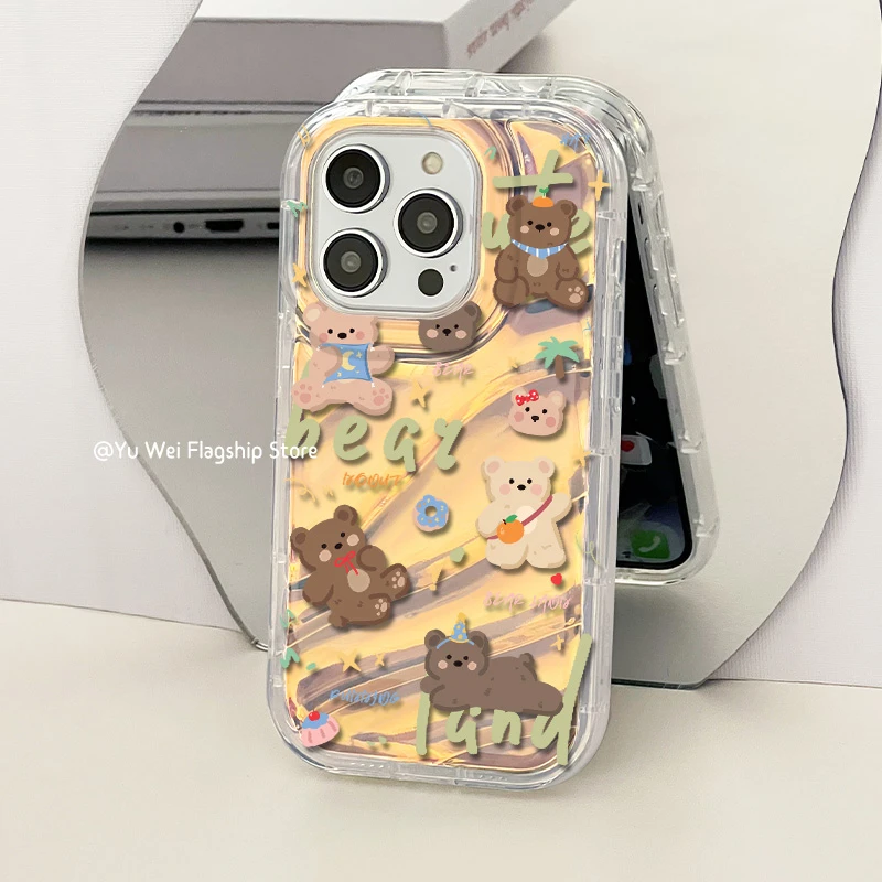 【内斜纹软壳】熊熊手机苹果15镭射纸iphone15pro小熊可爱卡通