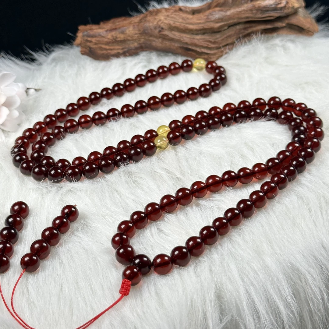 佳璐珠宝天然琥珀缅甸血珀9+mm108项链手串念珠气质长链素款