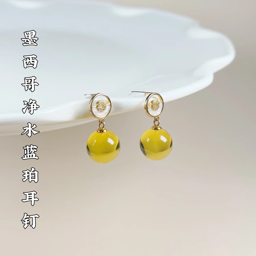 佳璐珠宝天然墨西哥蓝珀净水11mm耳钉气质时尚百搭复古简约耳环
