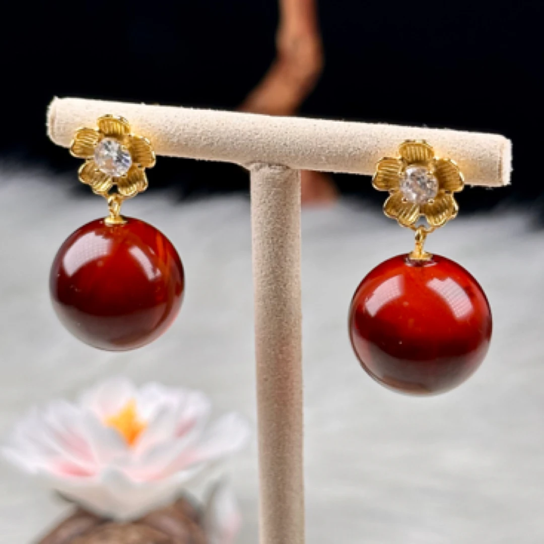 天然缅甸血珀18+mm花开富贵耳钉