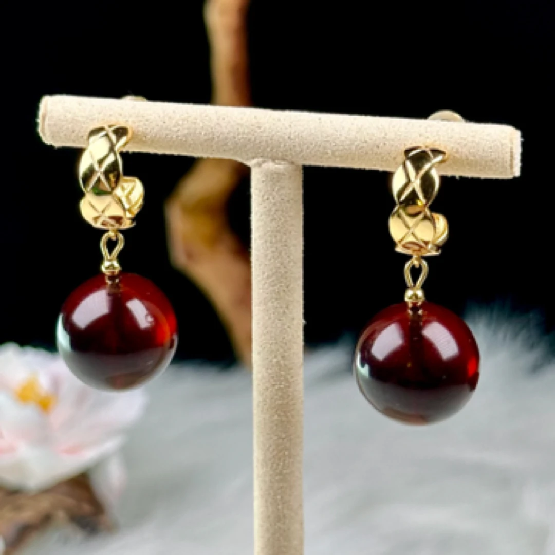 佳璐珠宝天然缅甸血珀15+mm小香风耳钉菱格纹气质时尚简约百搭