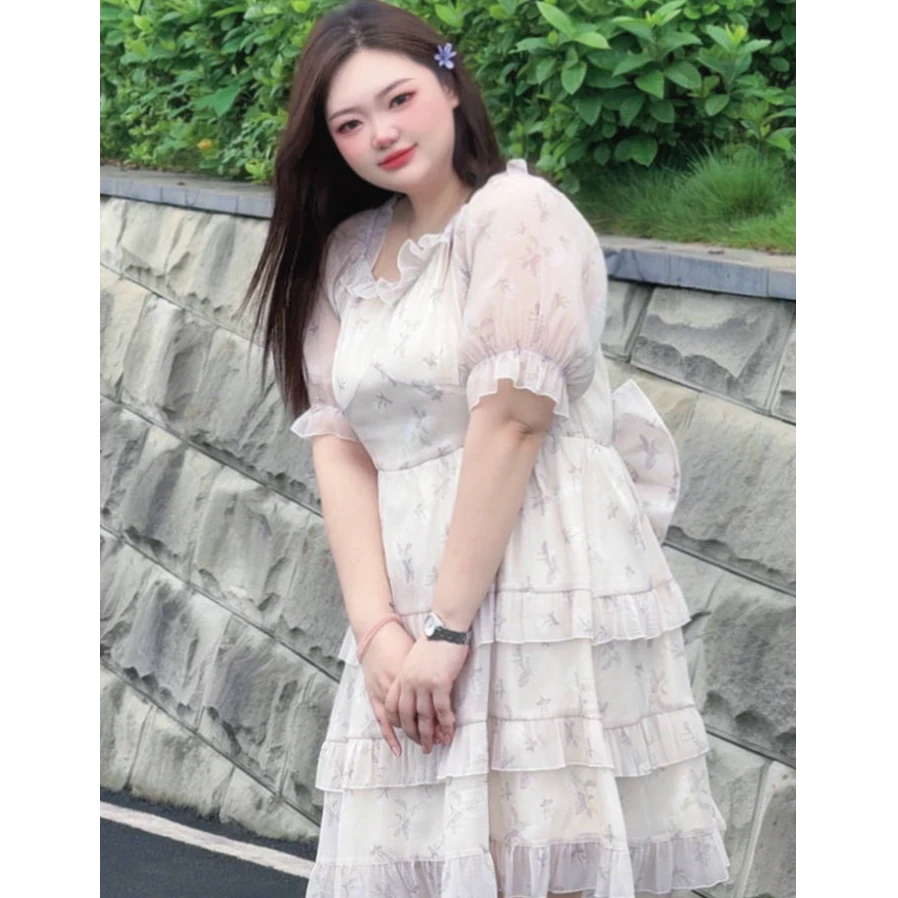 绿野仙踪大码微胖mm显瘦遮肚子甜美遮肉公主大蝴蝶结蛋糕裙连衣裙