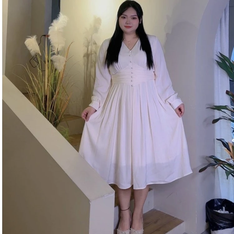 【一见倾心】2023秋 胖mm大码v领收腰复古气质礼服仙女裙修身连衣裙