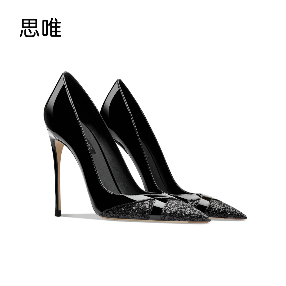 思唯黑色漆皮拼接亮片高跟鞋女2024年新款V口设计感尖头性感单鞋