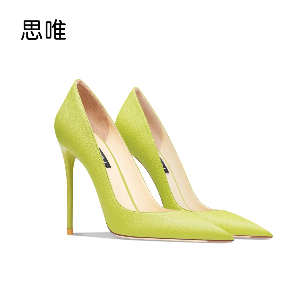 思唯草绿色荔枝纹高跟鞋女2024年新款金属跟尖头浅口时尚法式单鞋