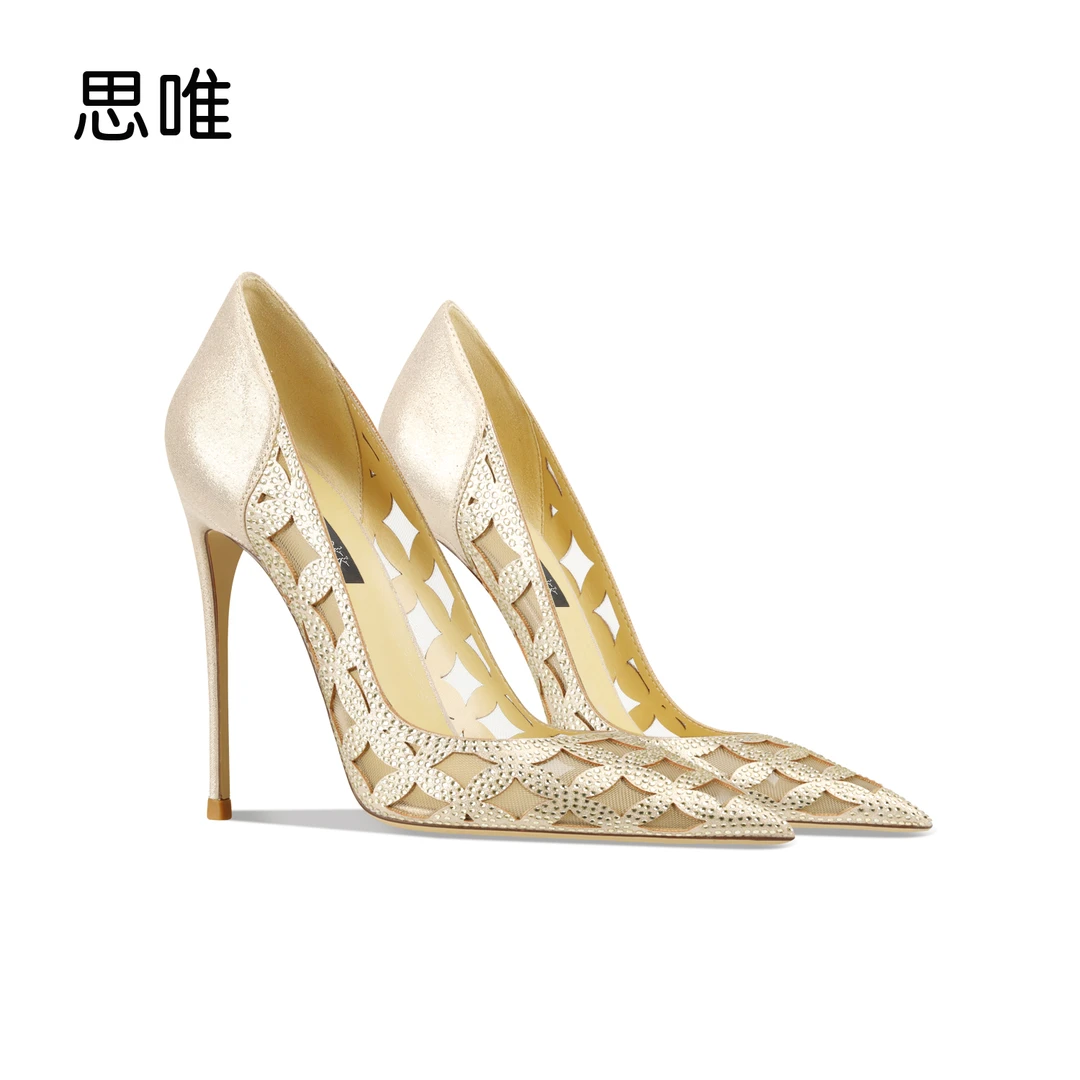 思唯时尚金色水钻镂空尖头高跟鞋女2024年新款网状细跟宴会单跟鞋