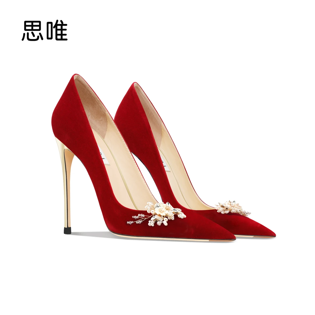 思唯时尚红色绒面串珠水钻高跟鞋女2024年新款金属跟尖头气质婚鞋