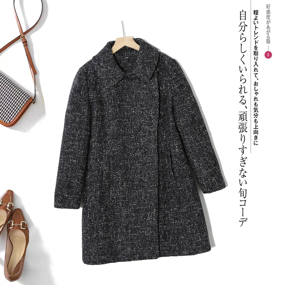 毛呢外套经典休闲宽松春秋冬季翻领简约时尚女士毛呢大衣Y-1C526