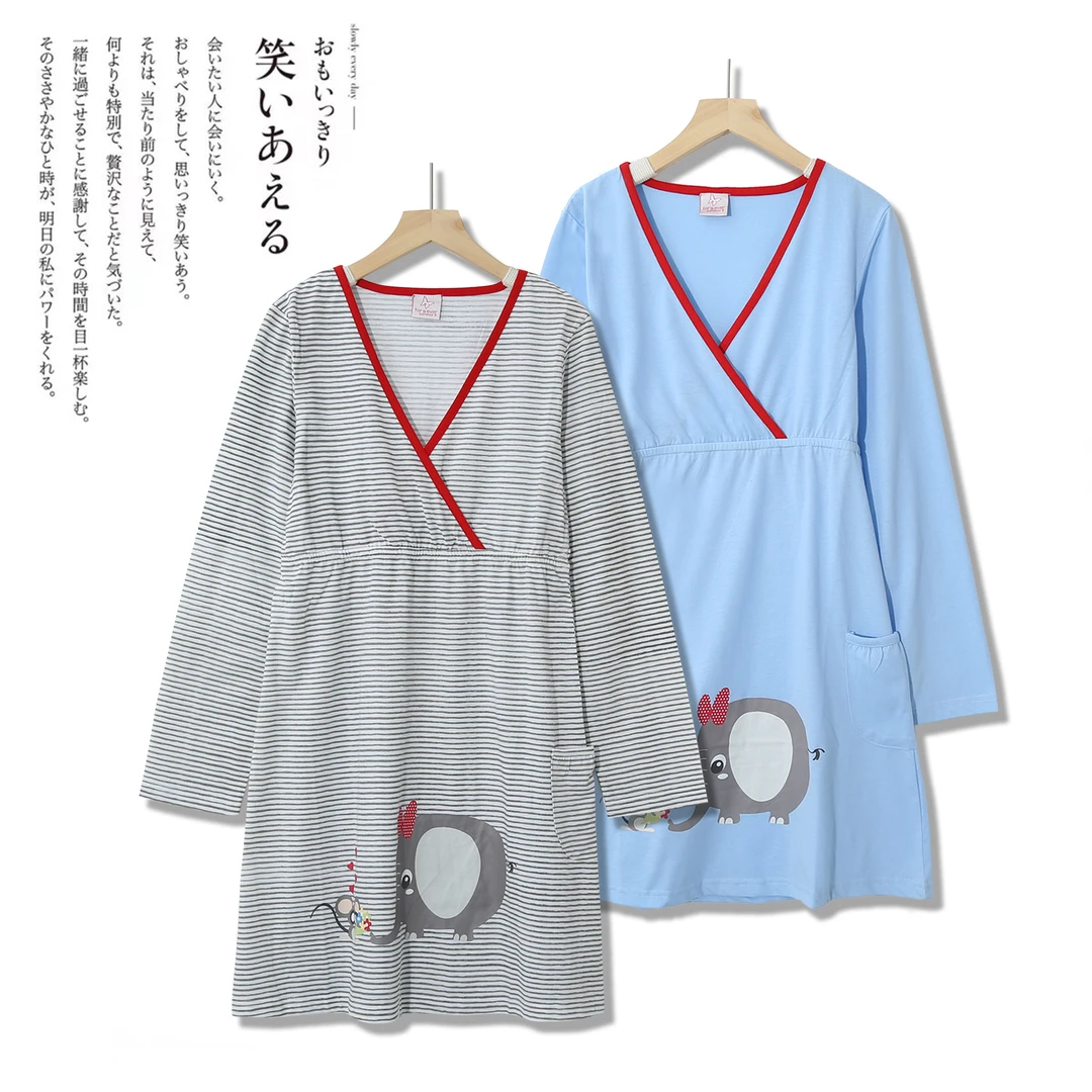 女士时尚家居萌趣卡通V领简约舒适中长款长袖春秋季家居睡裙6D32