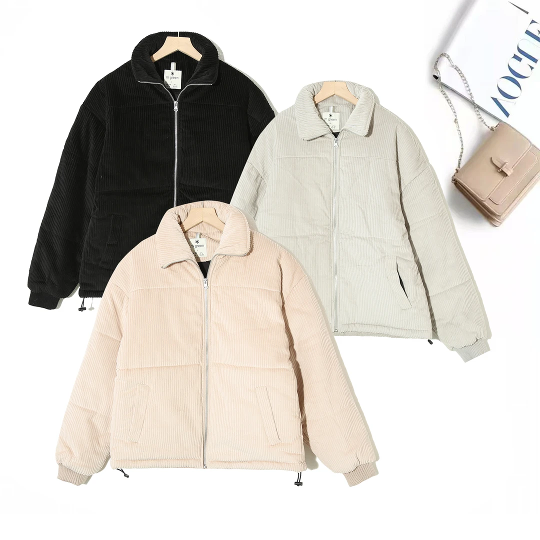 百搭新款条绒纯色男女同款休闲翻领机车风保暖棉服秋冬C-CL514