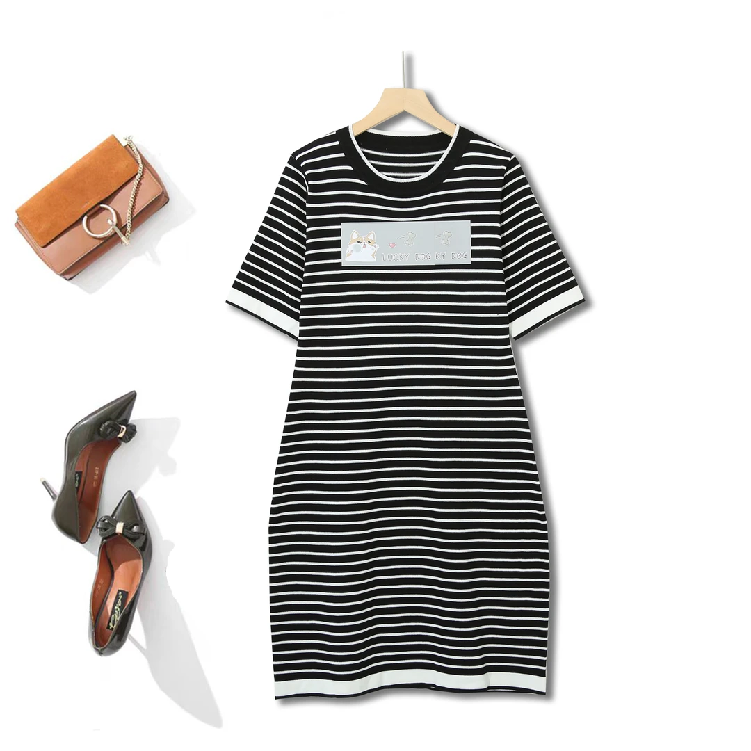 女士时尚经典条纹圆领字母显瘦夏季针织连衣裙中长款短袖P-6D182