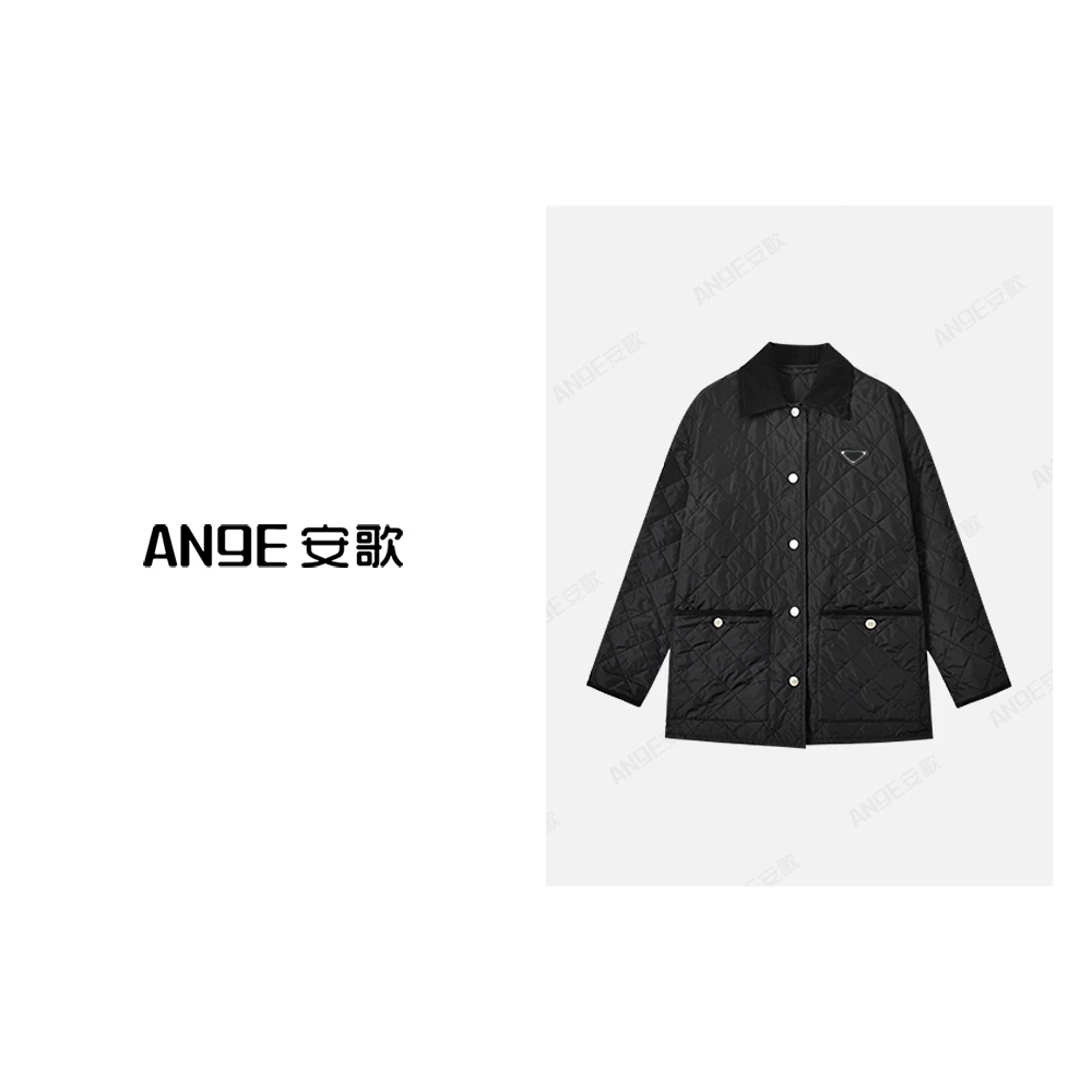 ANGE SUNNY【灯芯绒领菱格棉衣】时尚新款 翻领格纹尼龙外套