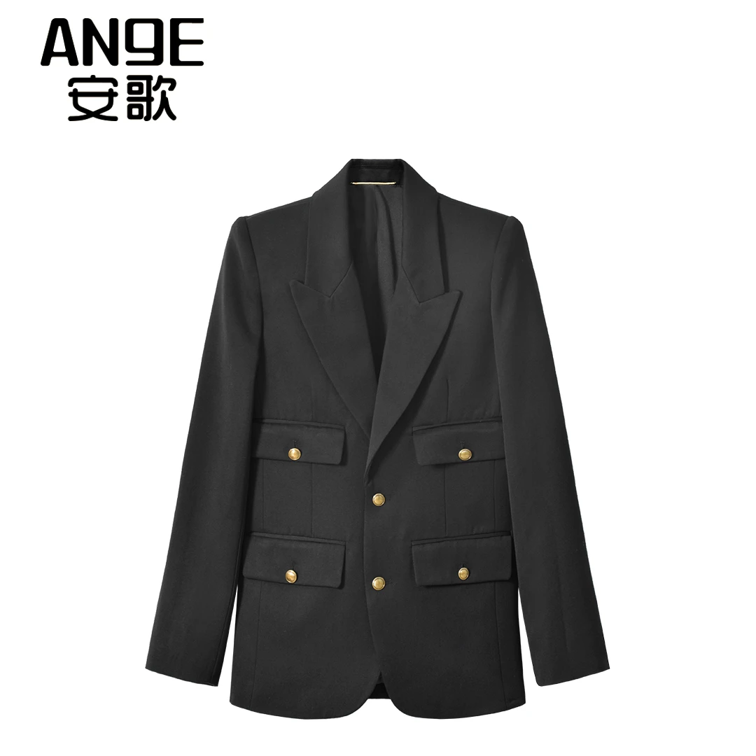 23年早春新款黑色排扣休闲时尚西装外套高街风气质设计感西服外套