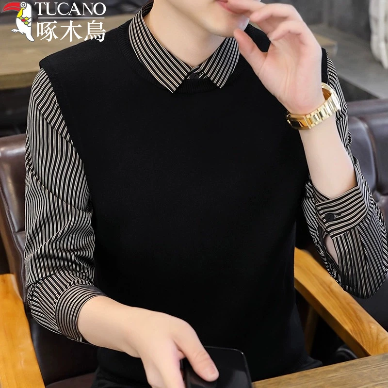 啄木鸟高档男士假两件毛衣2023新款春秋季衬衫领打底衫男装上衣