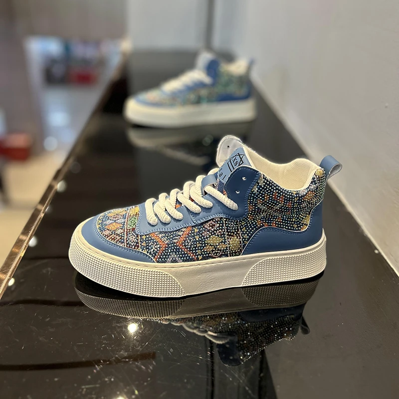 百搭时尚烫钻设计拼色平底高帮休闲鞋秋季新款布面透气青少年男鞋