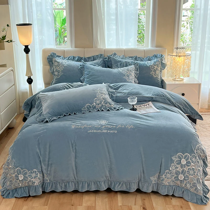 水星高端家纺A类冬季加家用绒绣花四22米x2.3米被套水晶绒磨纯色