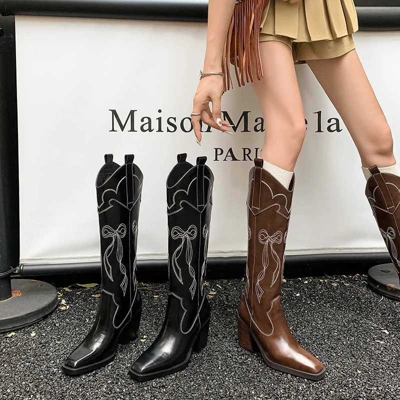 跟高7.5cm/33-40/时尚粗跟气质复古尖头骑士秋冬长筒时装靴女