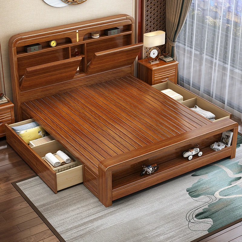 胡桃木实木床现代简约1.5米1.8双人储物主卧实木床工厂直销实木床