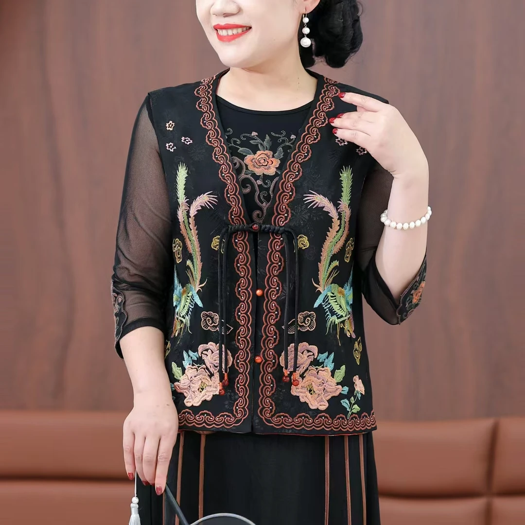 中式繁花彩凤国潮双面女马甲国风复古时尚绣花刺绣马夹8660