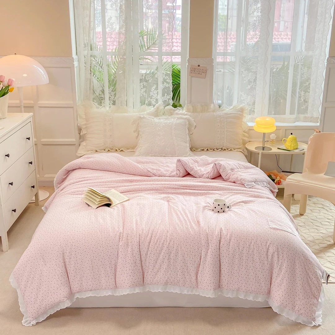 韩系公主风母婴双层小清新轻奢蕾丝花边被子贴布加厚秋冬款豆豆被