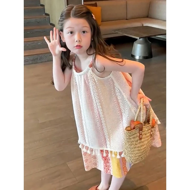 女童吊带连衣裙夏季新款潮儿童假两件镂空裙子夏装女孩沙滩裙洋气