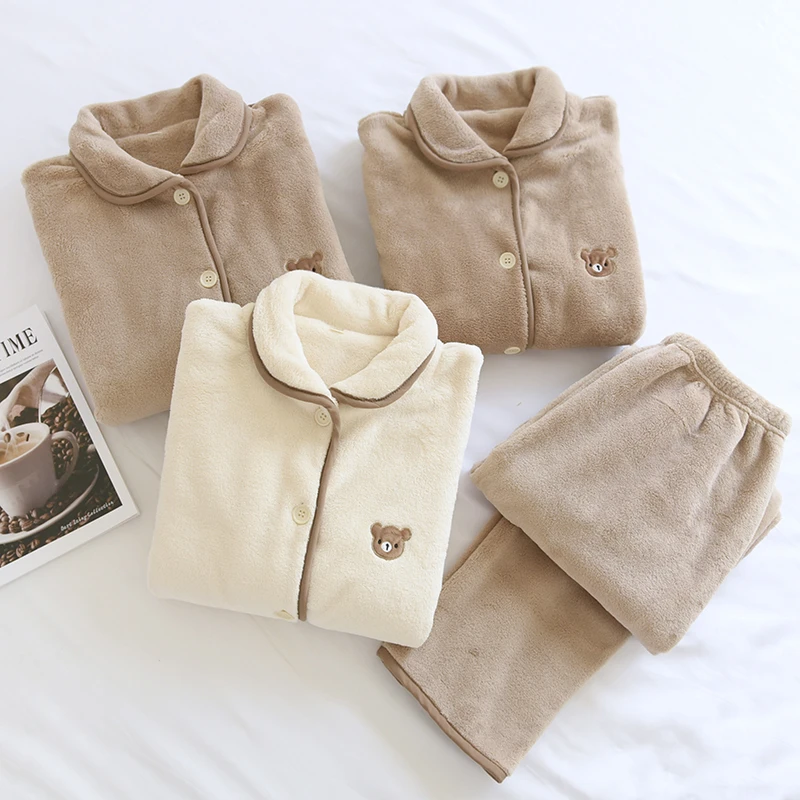 日式小熊法兰绒睡衣秋冬季女士加厚珊瑚绒男款长袖简约情侣家居服