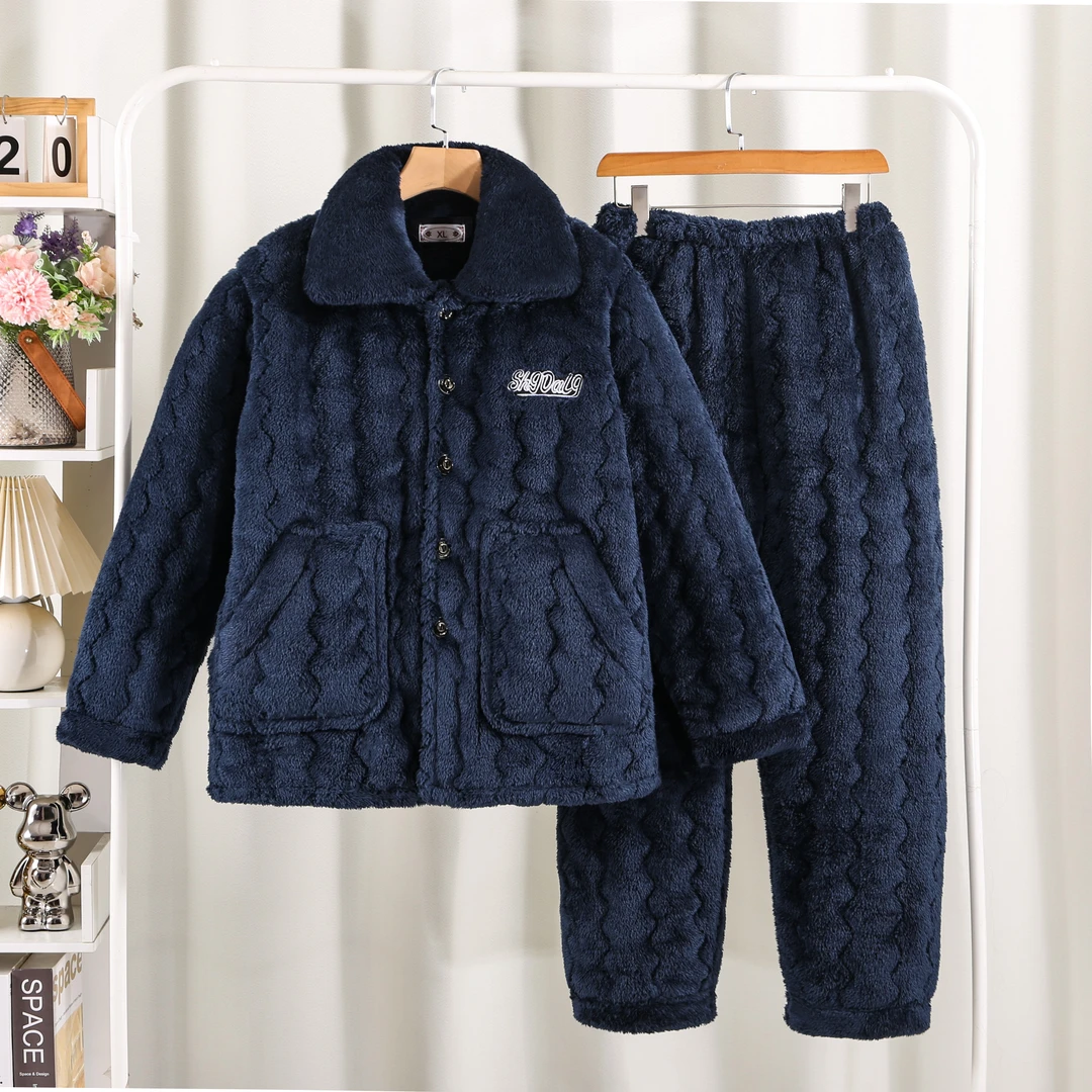 中老年睡衣男冬季三层加厚夹棉老人爸爸男生保暖家居服套装加绒