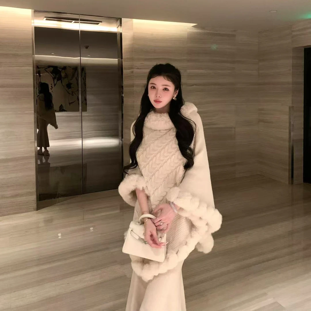 诗宝【冬日特调】斗篷毛领针织斗篷秋冬新款上衣女