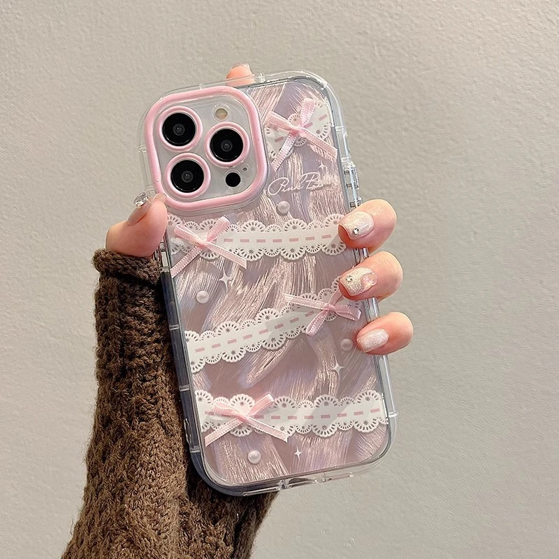 小清新蕾丝蝴蝶结适用苹果15pro手机壳网红女款创意ins风少女防摔