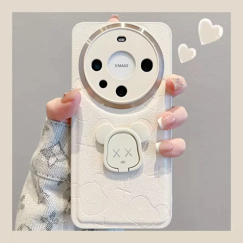 适用华为mate70pro手机壳新款ins卡通皮质浮雕潮牌暴力熊指环支架