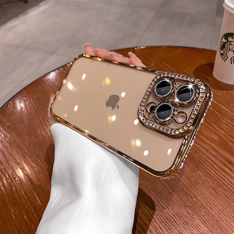 适用苹果16pro手机壳透明闪粉镜头膜镶钻边框高端奢华女款ins小众