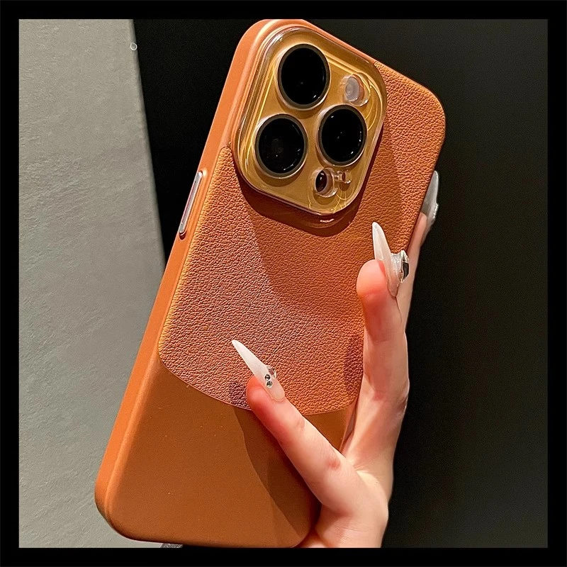 皮质拼接镜头全包适用iphone16promax手机壳苹果新款高级感防摔女