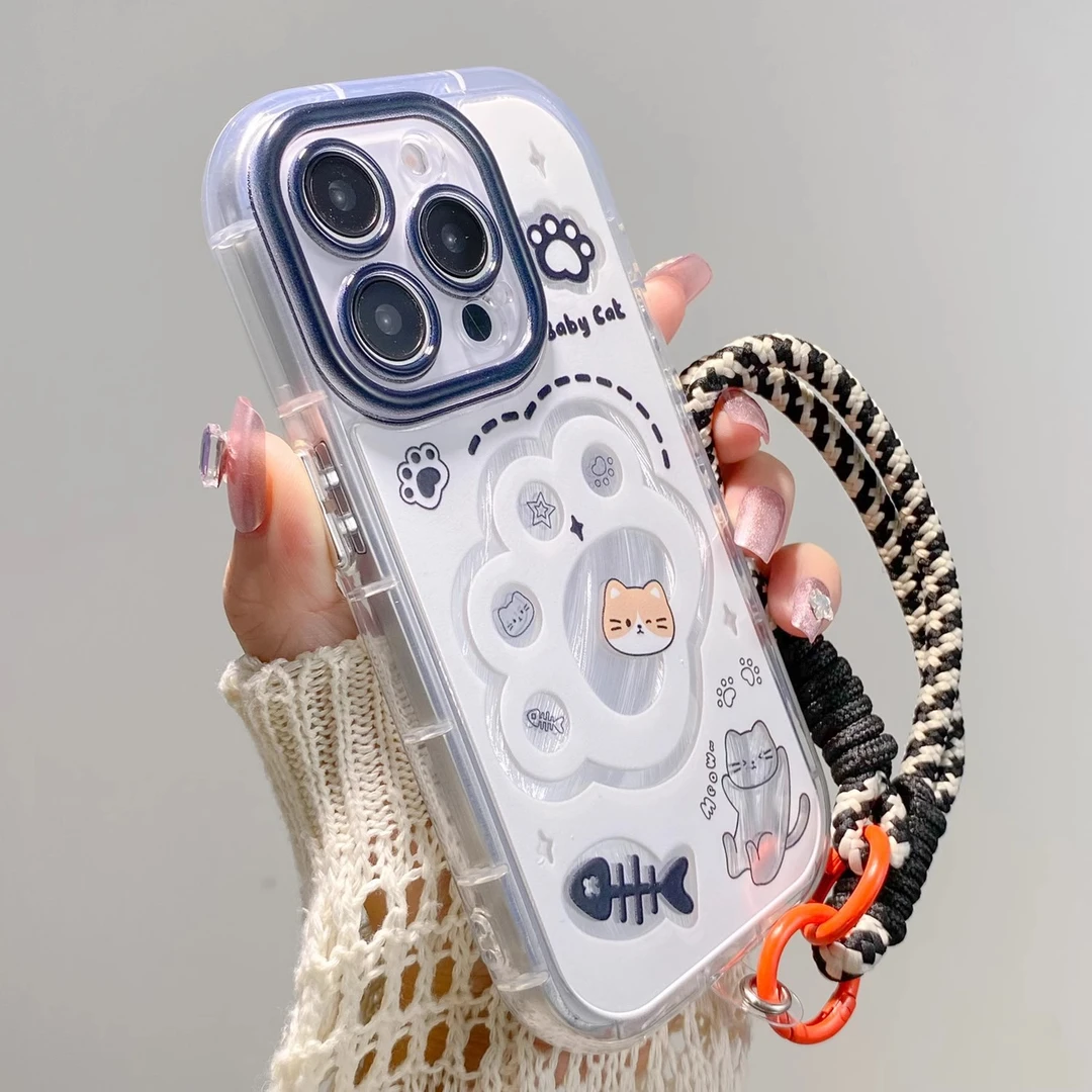 适用于苹果15promax手机壳可爱猫爪简约小清新羽纱手绳高级感女款